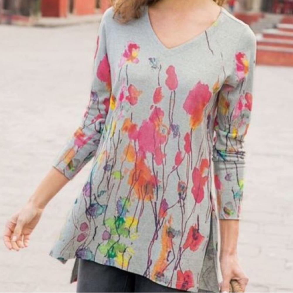 Soft Surroundings Poppy Fields V-Neck Sweater, Size Petite Large